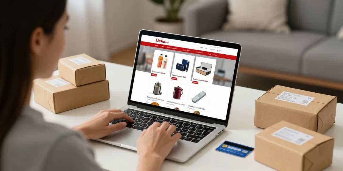 Flyers online shopping scene with cozy home setup showcasing best deals and e-commerce ease.