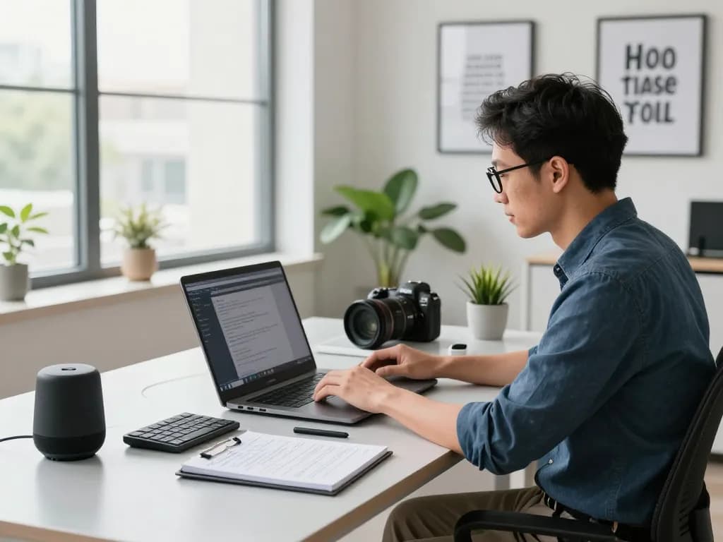 Engaging workspace featuring tech gadgets for productivity including wireless keyboard and smart speaker.