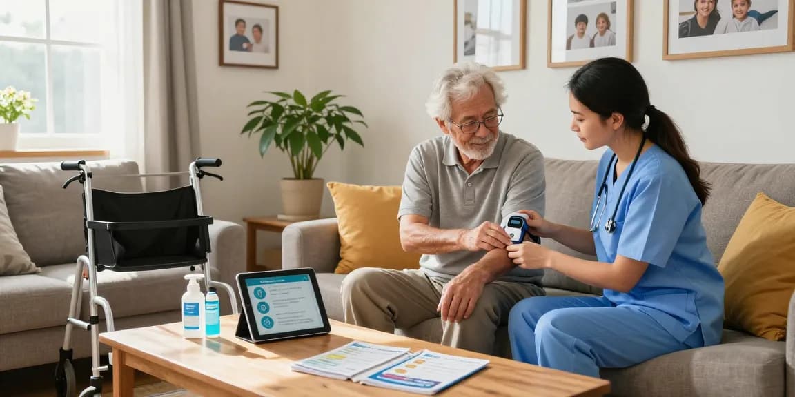 Engaging caregiver at home health store assisting elderly individual with wellness products, showcasing care and support.