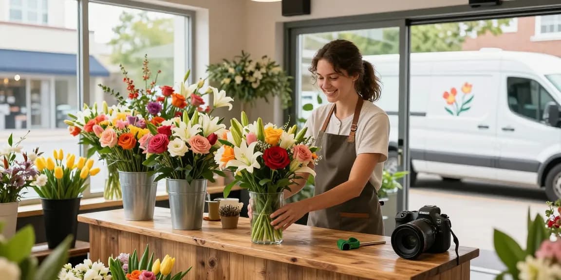 Flower delivery Gibbons florist arranging vibrant bouquets in a welcoming shop.