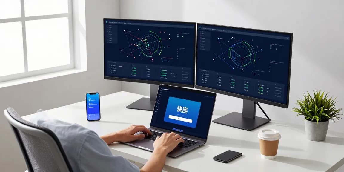 Developer using 快连 software in a modern workspace with high-tech displays and natural lighting.