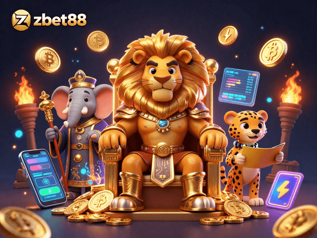 ZBET88's lion king character dominates a vibrant casino scene, emphasizing thrilling betting excitement.