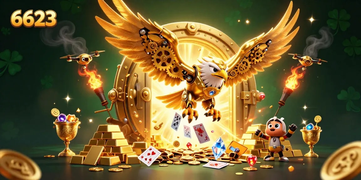 Experience thrilling gameplay with 6623's cybernetic eagle flying through holographic cards, surrounded by treasure.
