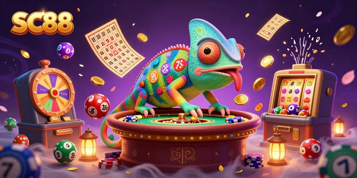 Engage with SC88's vibrant casino environment featuring playful chameleon and dynamic gaming elements.