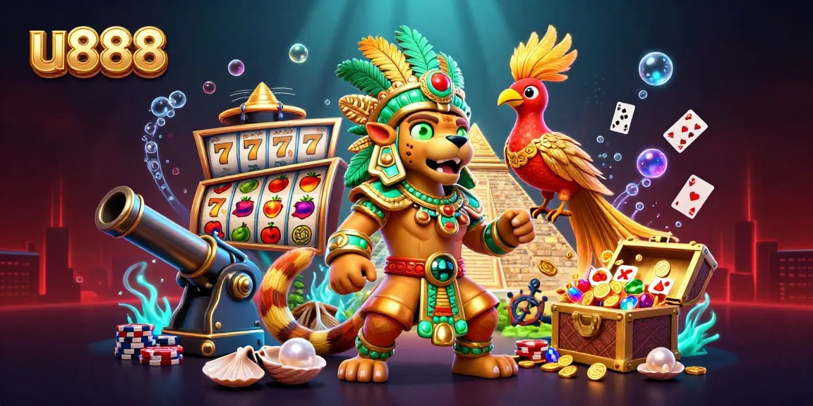 Spin the reels and win big with u888's vibrant casino scene featuring a Mayan priest and golden treasures.