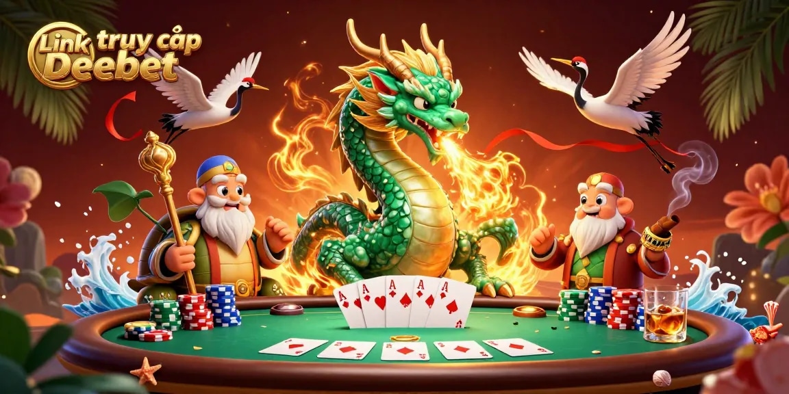 Experience the thrill with Link truy cập Debet and a vibrant casino scene featuring dragons and poker elements.