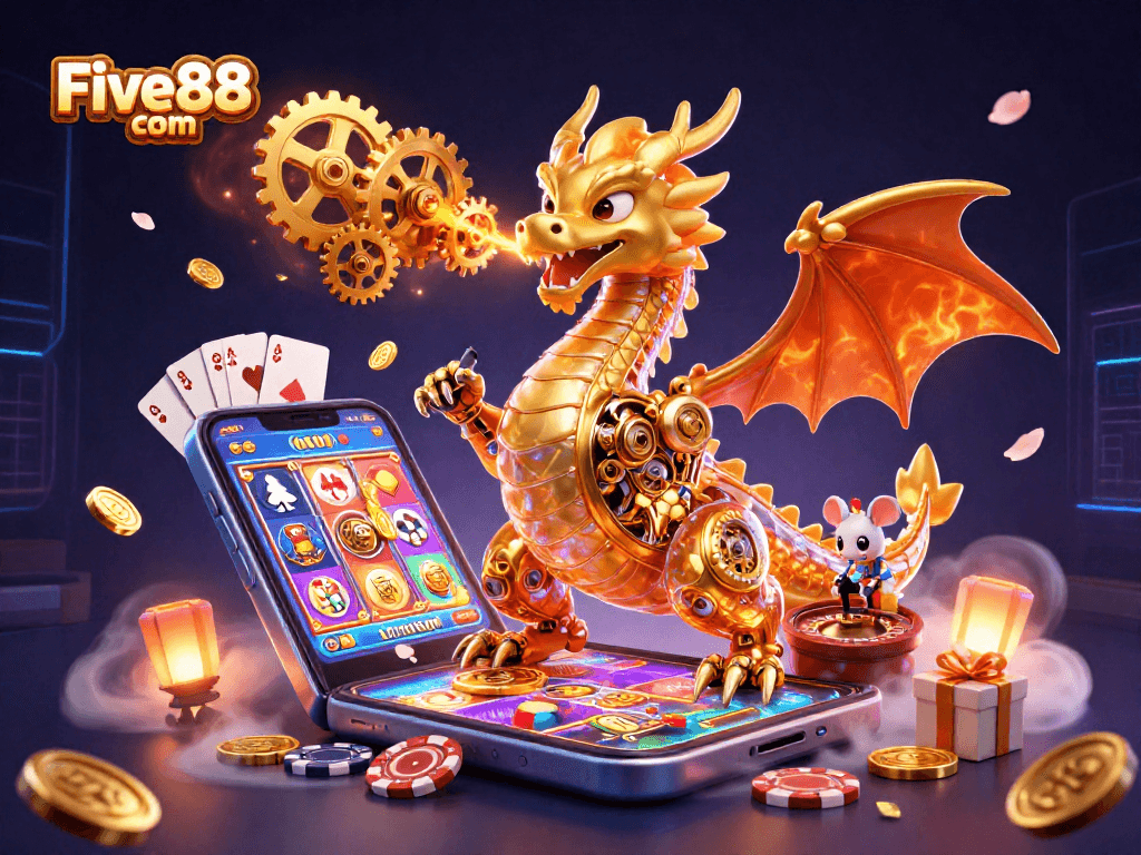 Experience thrilling action at Five88 com with a vibrant 3D gaming scene featuring dynamic slot games and iconic casino elements.