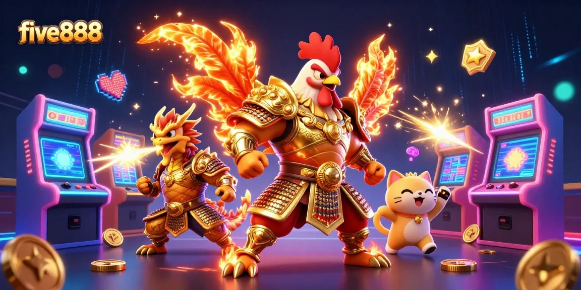 Experience thrilling action with five888 featuring a dynamic rooster warrior and dragon hatchling in a vibrant casino setting.