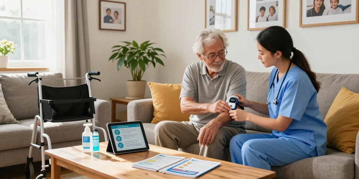 Engaging caregiver at home health store assisting elderly individual with wellness products, showcasing care and support.