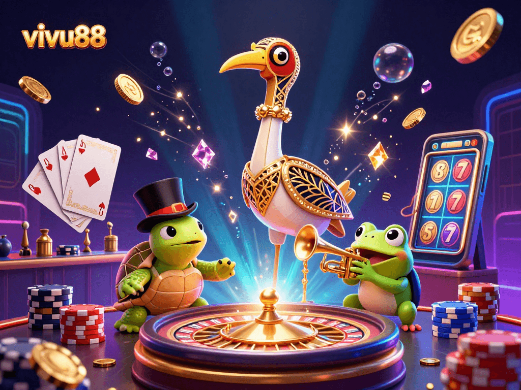Join the fun at vivu88 with vibrant cartoon characters and dynamic casino elements celebrating wins.