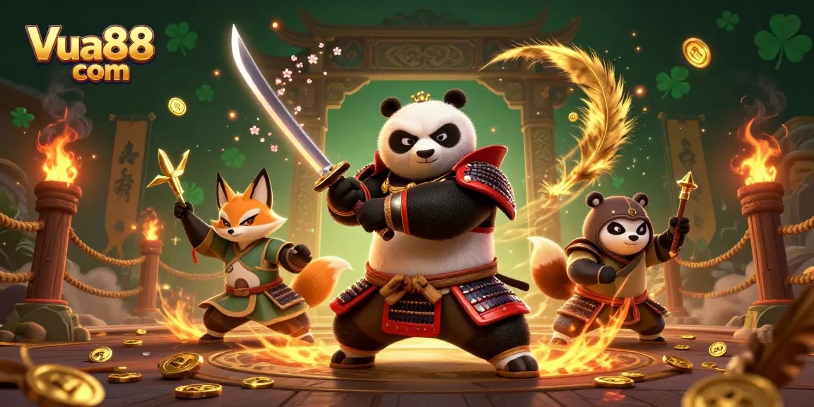 Experience thrilling gameplay at Vua88 com with a dynamic scene showcasing samurai, ninja, and magical elements.