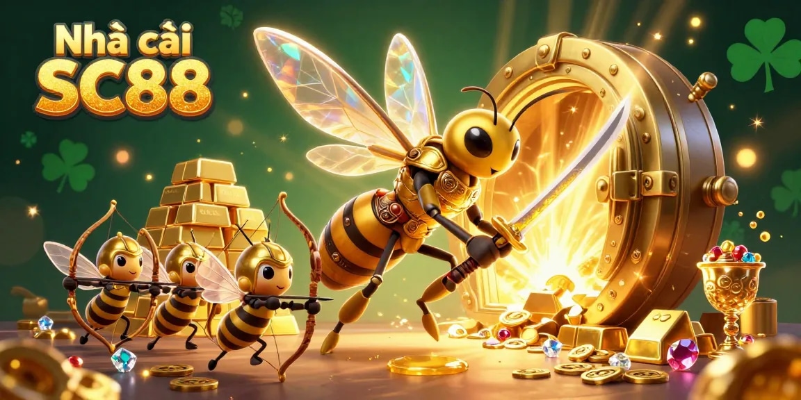 Engaging action at Nhà cái SC88 with a captivating illustration of a samurai hornet and bee archers amidst treasure.