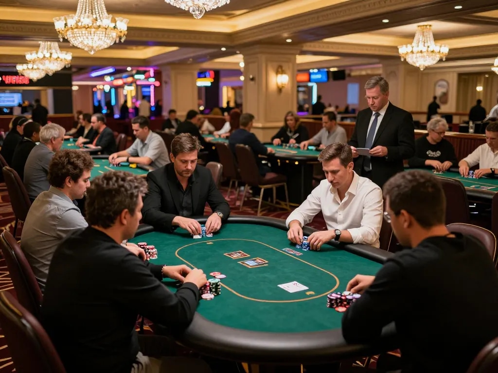 Players engaging in a competitive poker game at keonhacai casino, showcasing strategic plays and excitement.