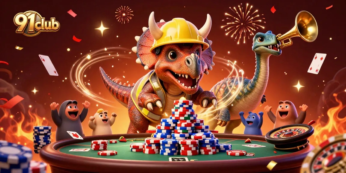 Experience the excitement at 91club as a triceratops builds poker chips amid celebration.