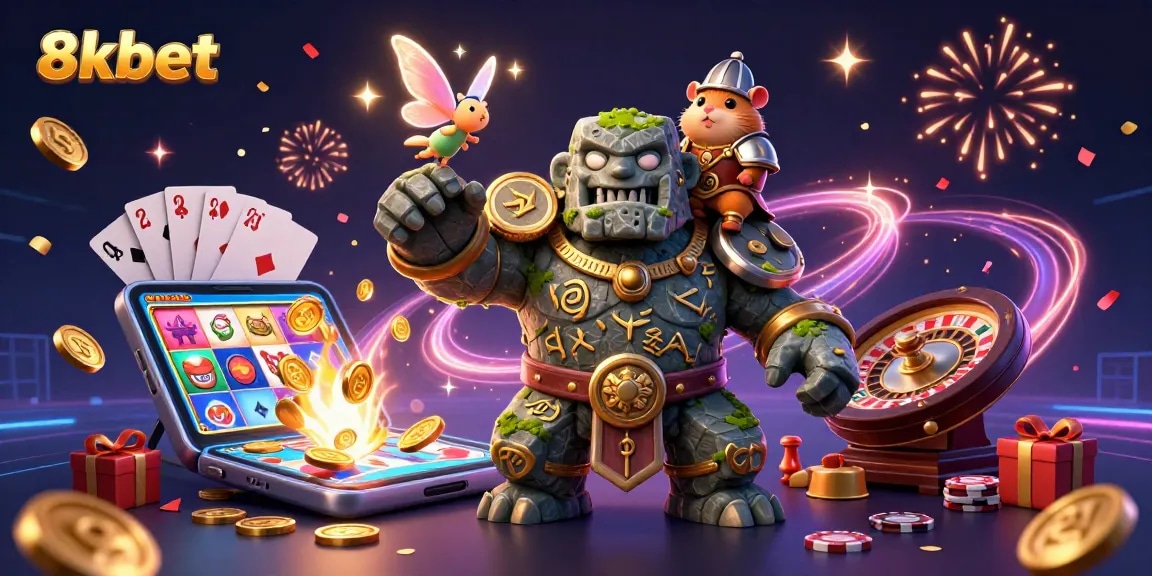 Engage with 8xbet through vibrant slot games and dynamic gameplay illustrated with 3D fantasy characters and casino elements.