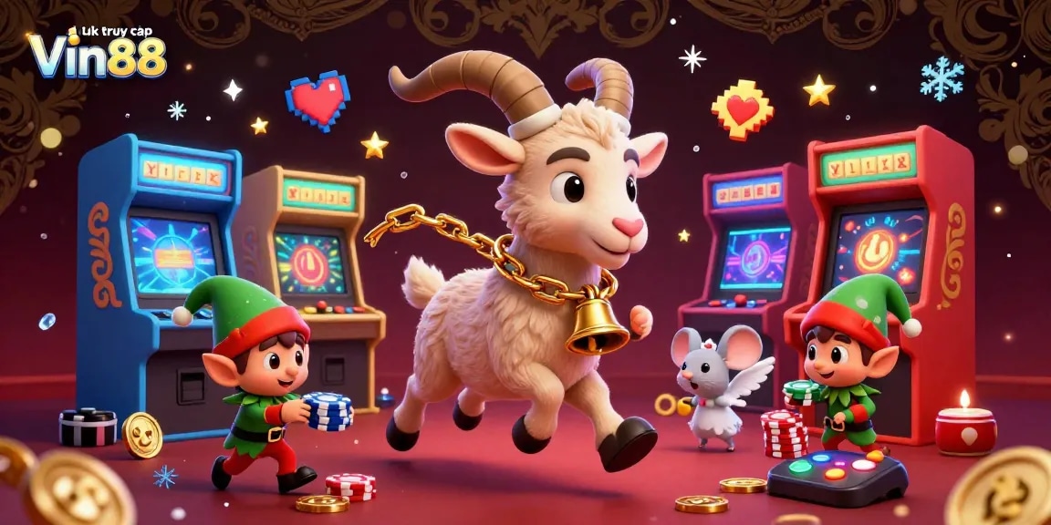 Experience the thrilling atmosphere of Link truy cập Vin88 with a festive Krampus goat in a vibrant holiday casino.