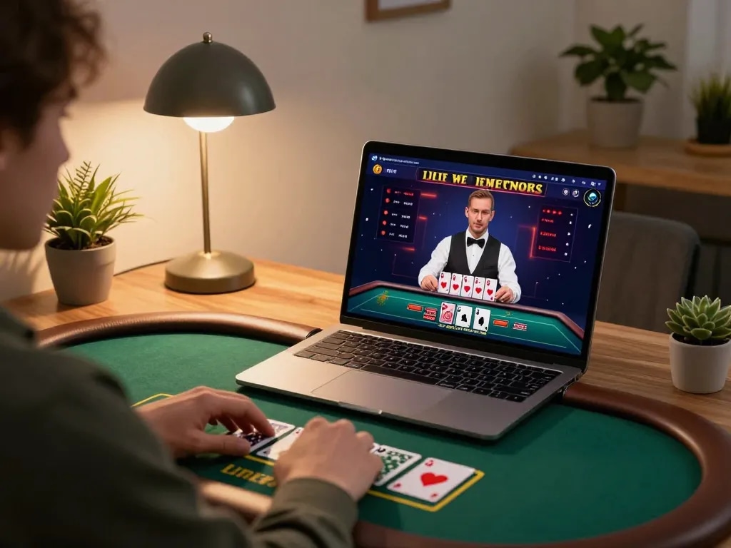 Engaged player at home using Jun88 đăng nhập for live dealer gaming on laptop with strategic focus.