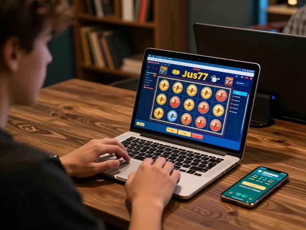 Players enjoying Jus77 online slots on a laptop with cozy ambiance.