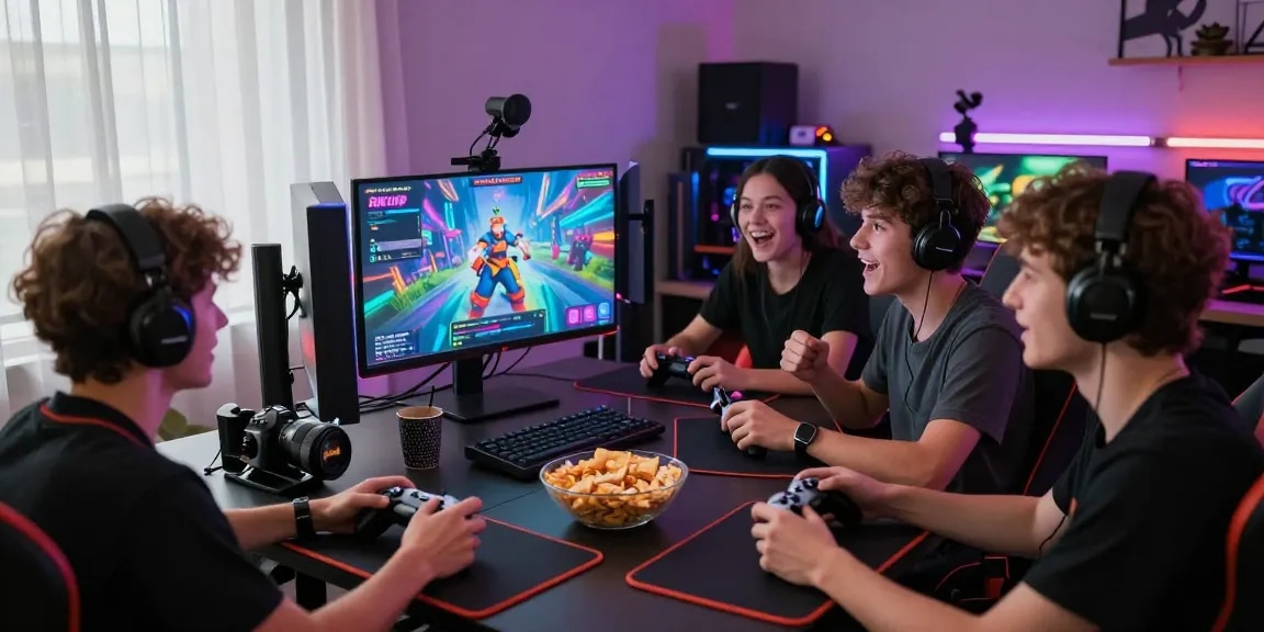 Engaged players enjoying rikvip game in a vibrant gaming setup with colorful LED lights.