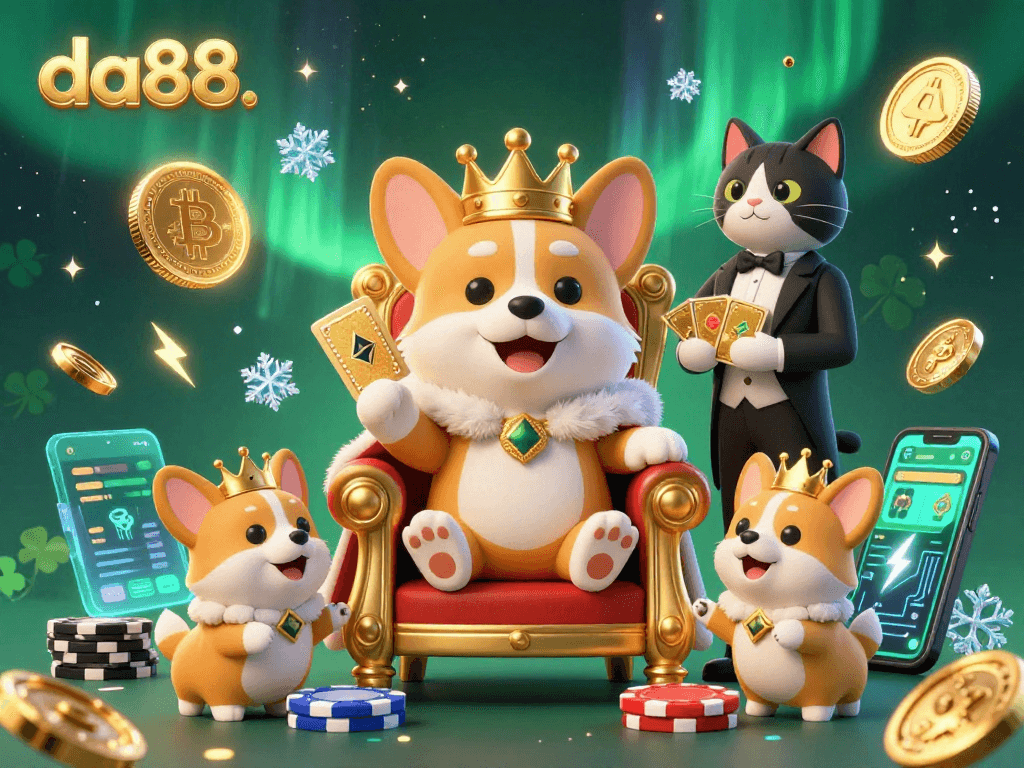 Experience thrilling gaming with da88, featuring a cartoon royal corgi among floating crypto coins and cards.