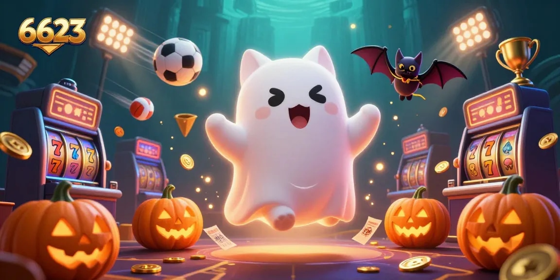 Engage with 6623's vibrant casino world featuring a floating ghost cat amidst glowing jackpot elements.