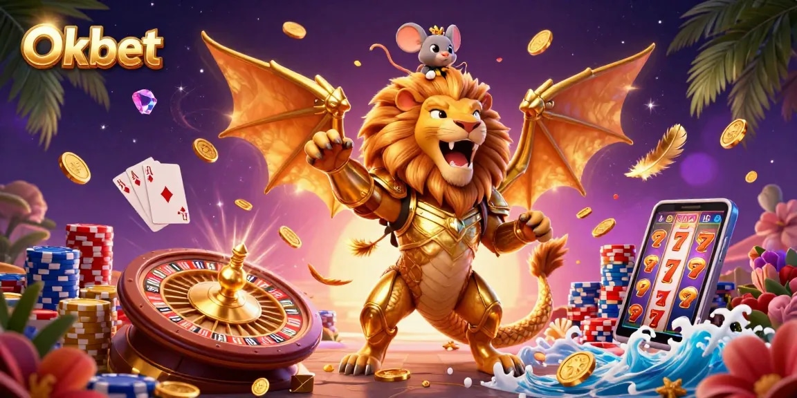 Oxbet's triumphant chimera creature with dynamic casino elements illustrates winning energy and excitement.