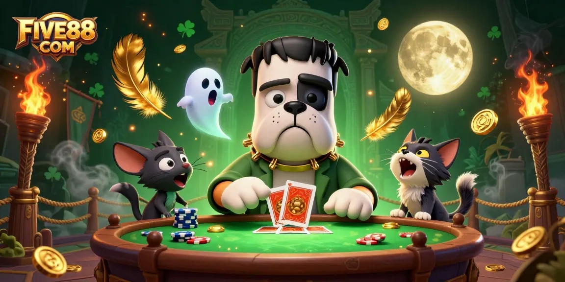 Engage with thrilling cards at FIVE88 COM's spooky casino, featuring a monster dealer.