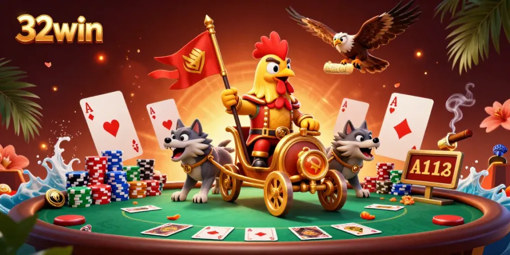 Engage with 32win's thrilling casino, featuring dynamic poker gameplay with vibrant characters and rich details.