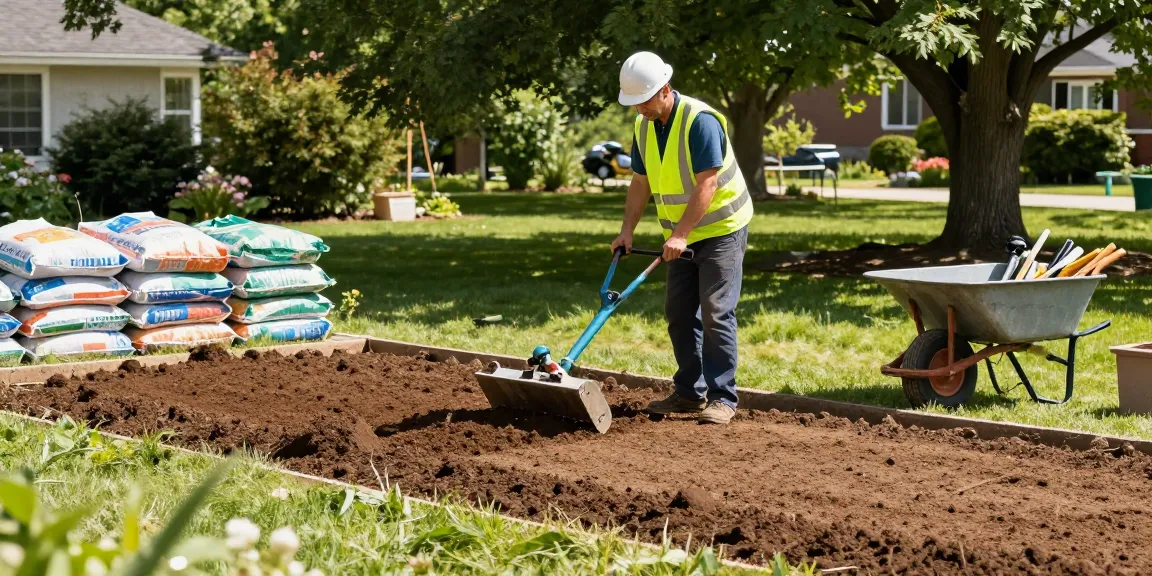 Expert top soil grading ottawa by landscaper in bright garden setting with tools and fresh soil.
