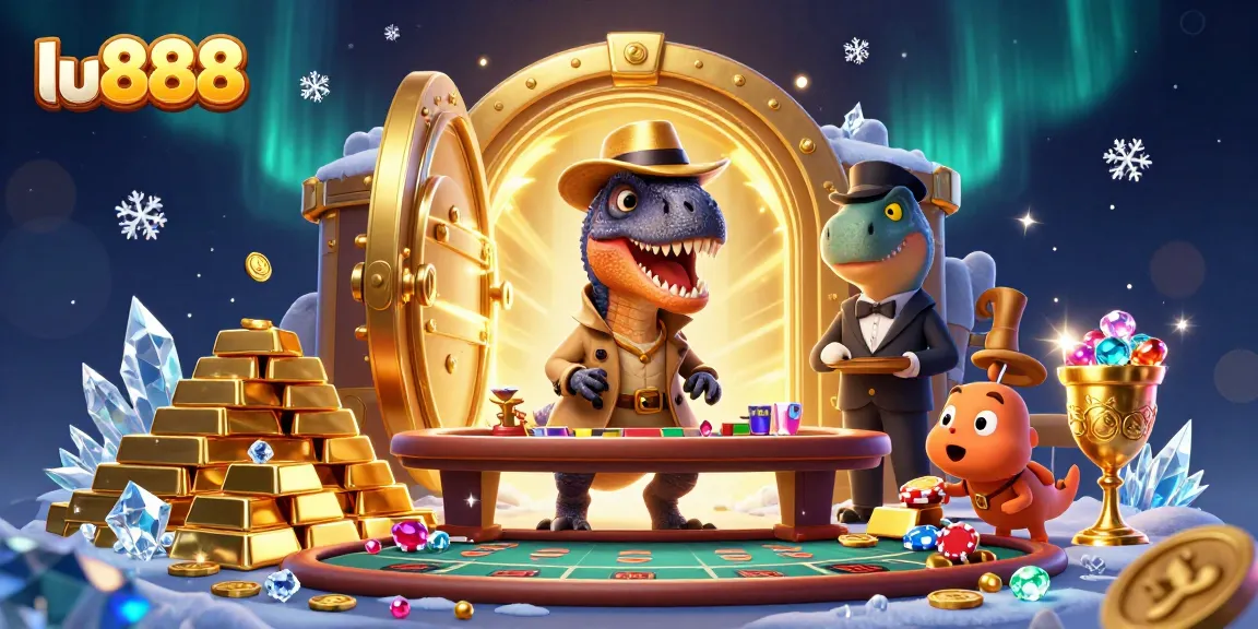 Engage with thrilling blackjack gameplay at lu888, featuring animated dinosaur characters in a vibrant casino setting.