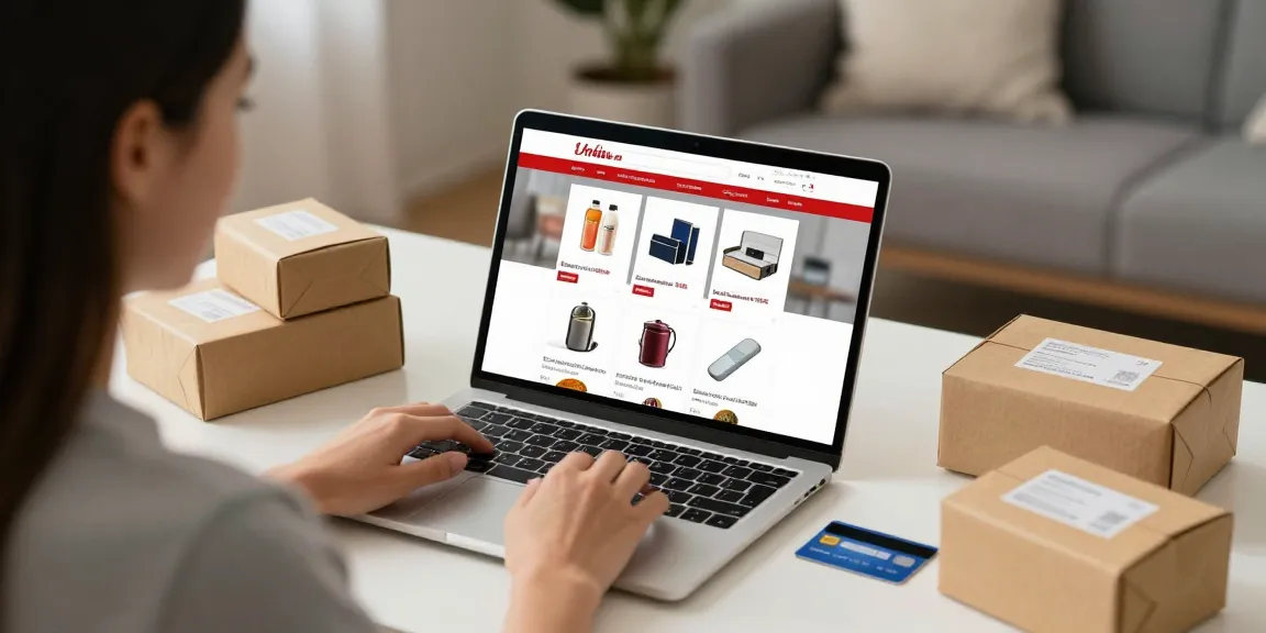 Flyers online shopping scene with cozy home setup showcasing best deals and e-commerce ease.