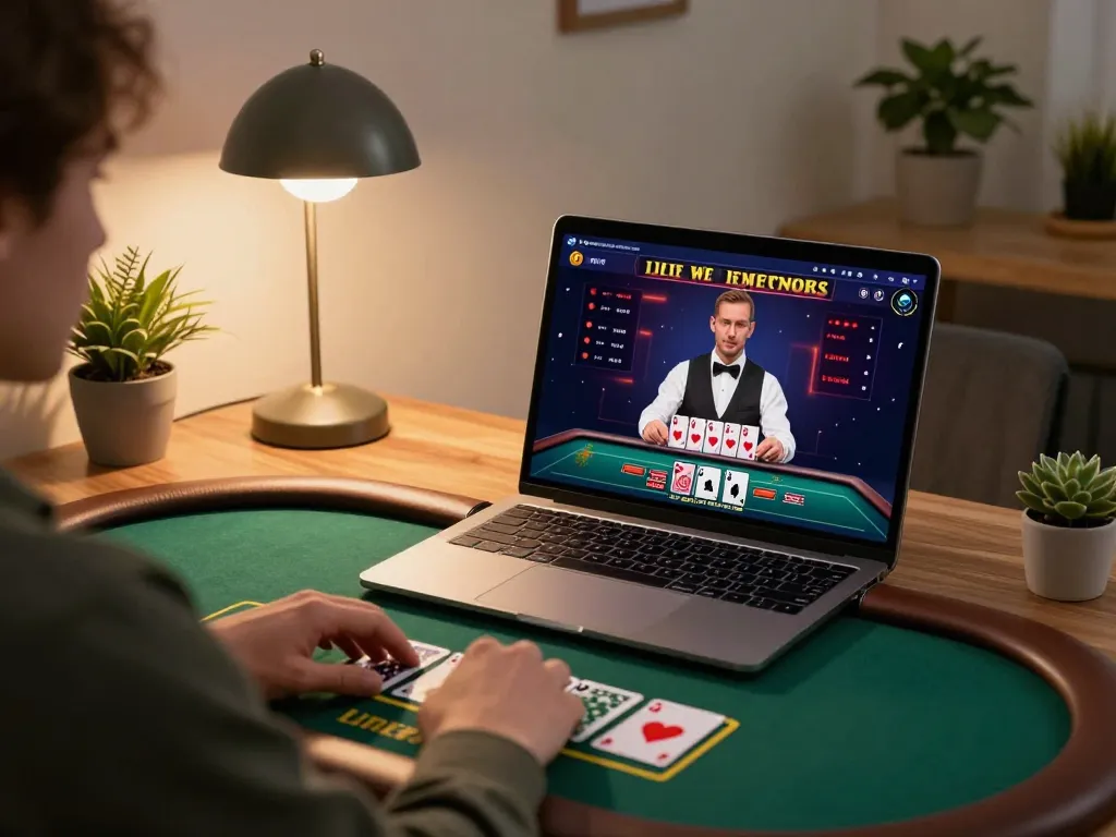 Engaged player at home using Jun88 đăng nhập for live dealer gaming on laptop with strategic focus.