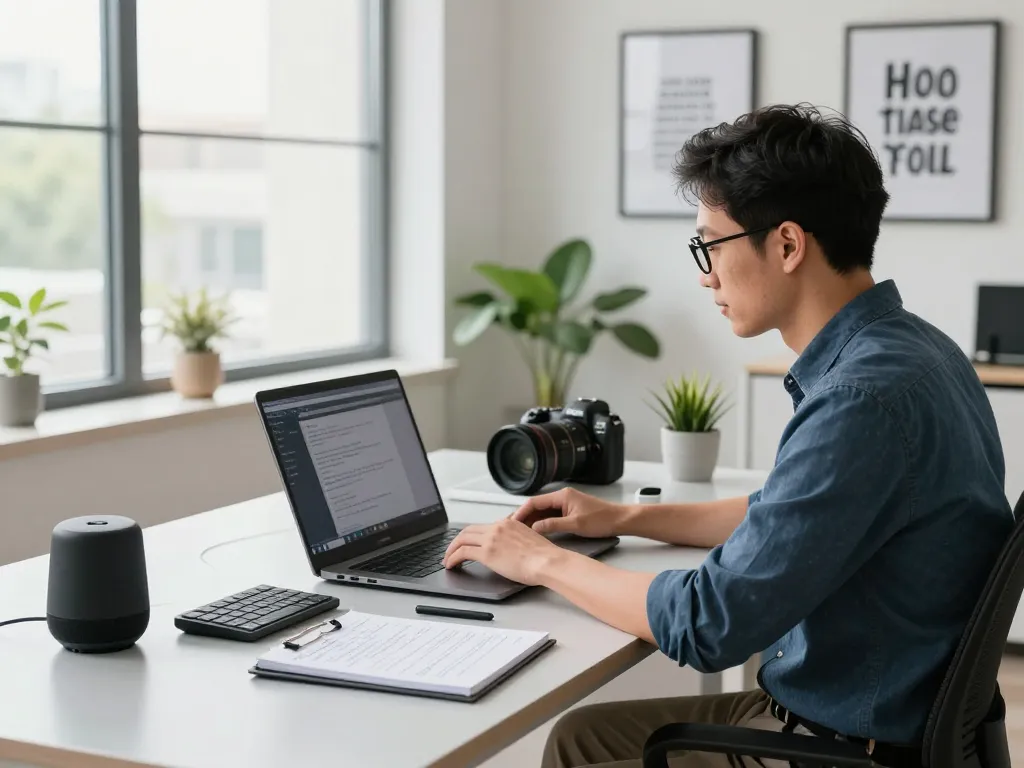 Engaging workspace featuring tech gadgets for productivity including wireless keyboard and smart speaker.