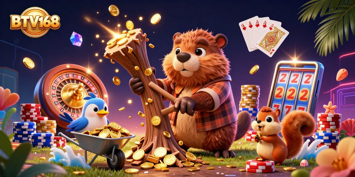 BTV168 casino fun as a beaver collects golden coins raining from a tree.