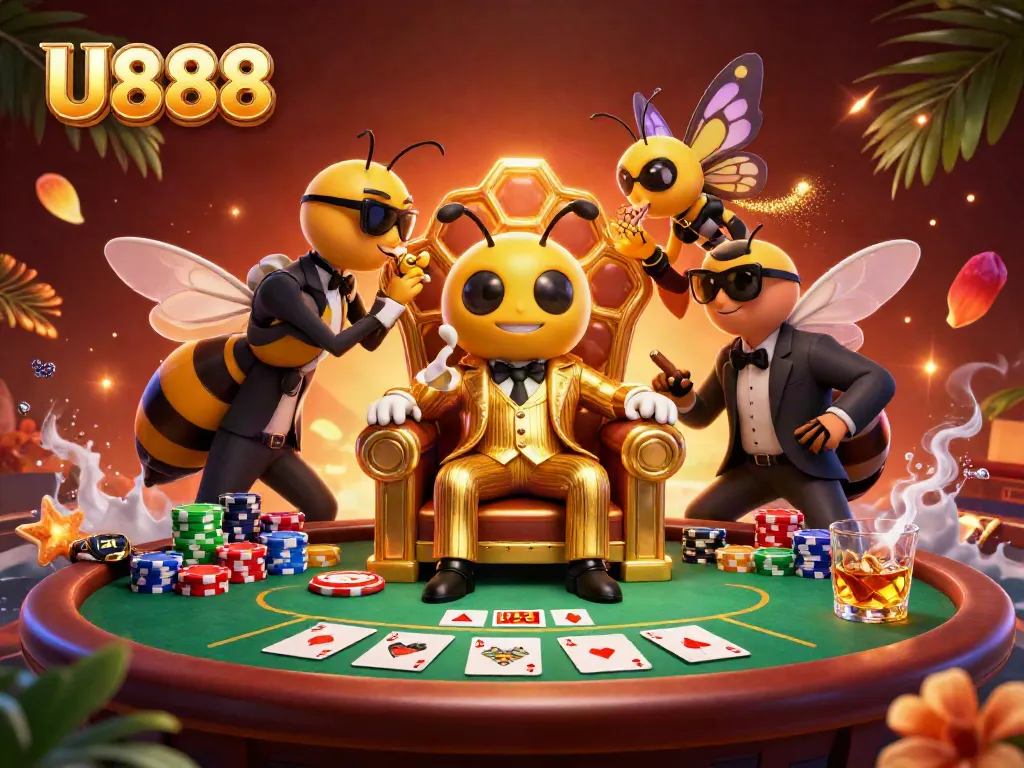 Engage with U888’s vibrant casino experience featuring a bee boss at the poker table with chips and cards.