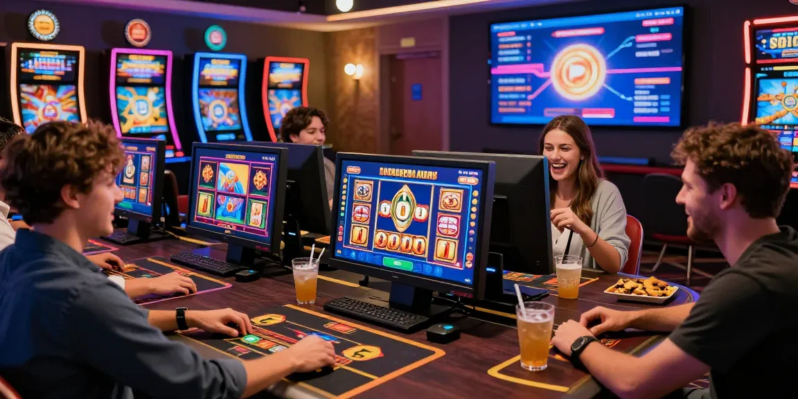 Esperienza di gioco emozionante in un casinò non AAMS con giochi vivaci, amici felici e un'atmosfera festosa.