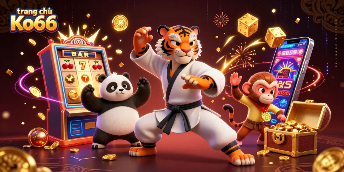 Experience the excitement at trang chủ Ko66 with a dynamic 3D illustration of characters surrounded by gaming elements.