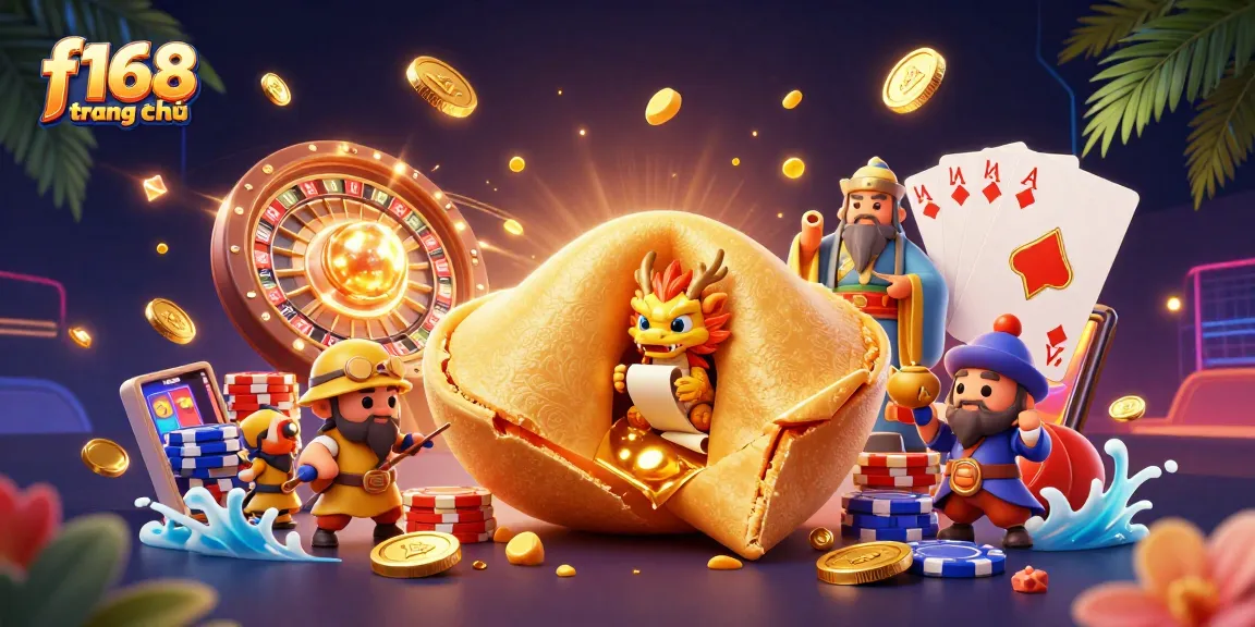 Experience the thrill of f168 trang chủ with a vibrant 3D casino scene featuring golden fortunes and gaming elements.