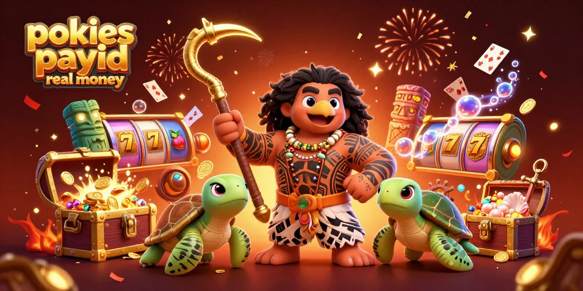 Explore pokies payid real money with a vibrant illustration showcasing a Hawaiian demigod and playful turtle amidst dynamic casino symbols.