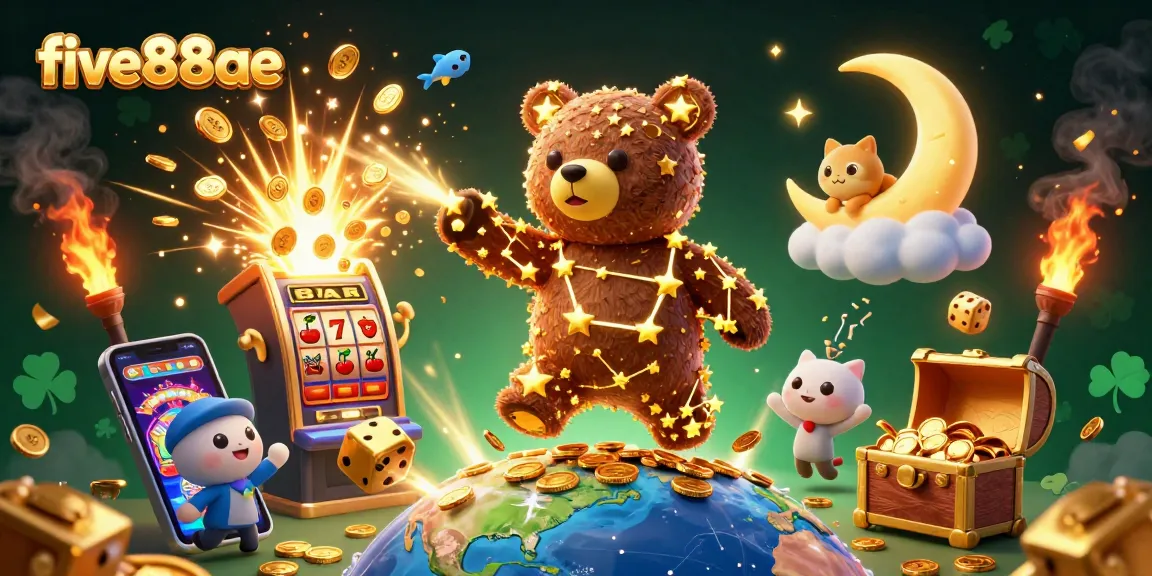 Win big with five88ae at the vibrant slot machine, featuring stars and casino treasures.