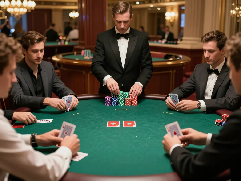 Players engaging in a strategic poker game at Sunwingo casino, showcasing colorful chips and cards.