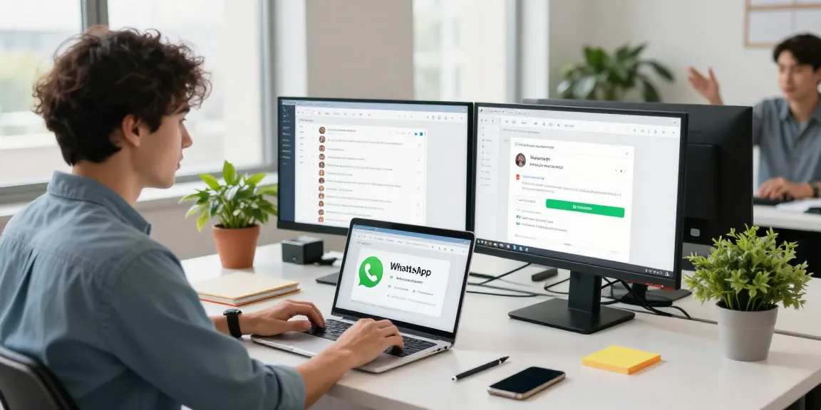 Professional using WhatsApp網頁版 in a modern office setting, showcasing collaboration and productivity.