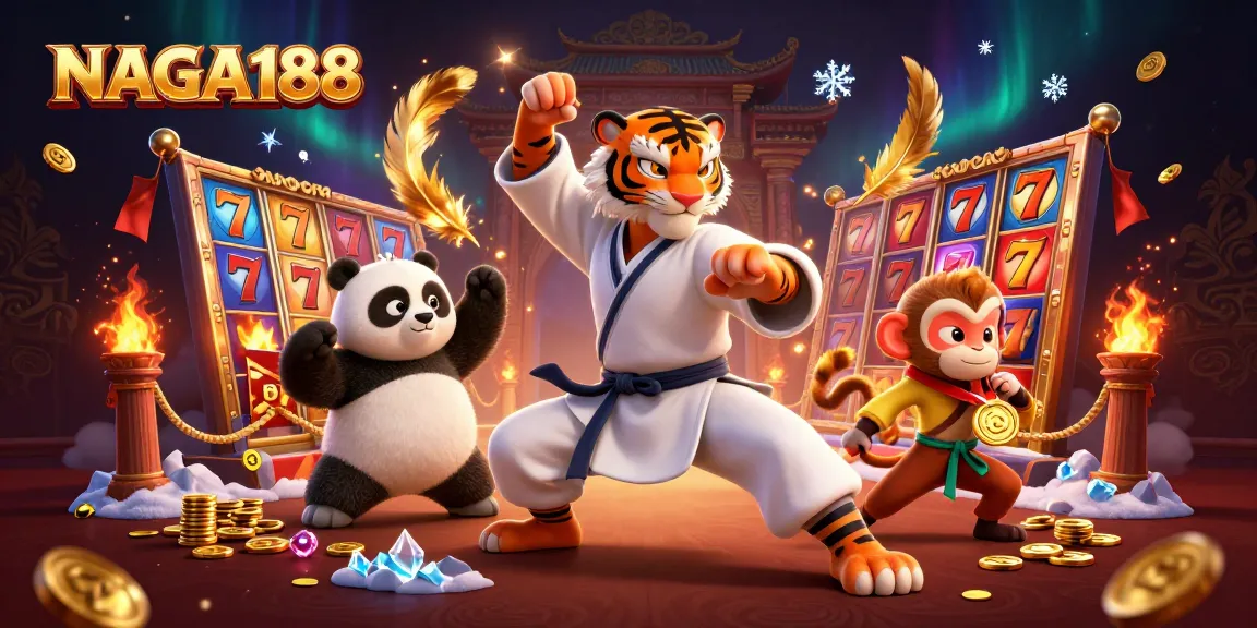 NAGA188 menciptakan suasana kasino dengan singa kung fu, panda, dan monyet dalam arena taruhan yang megah.