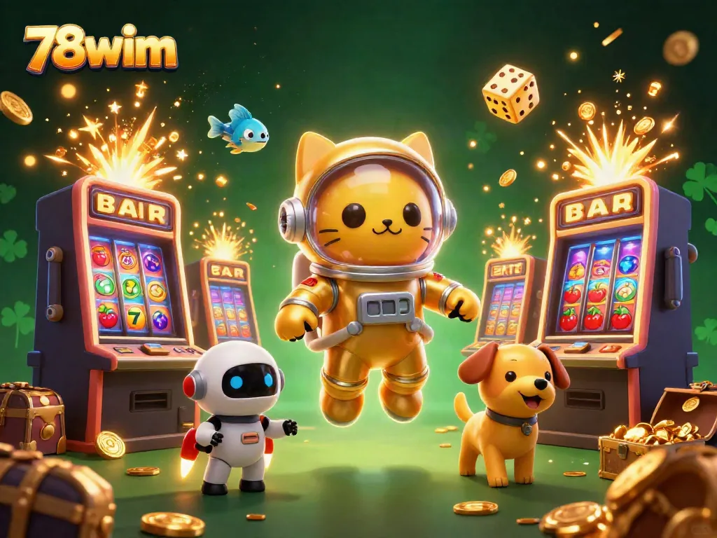Experience 78wim's thrilling casino world with vibrant 3D astronauts, slots, and more.