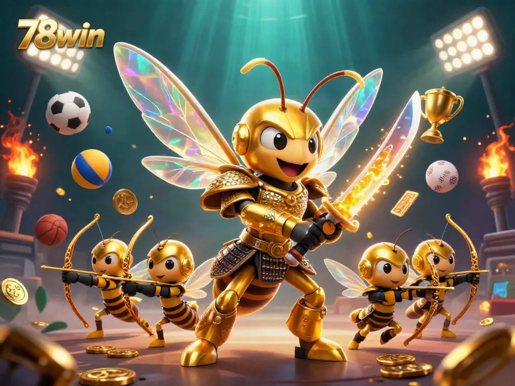 Engage in thrilling gameplay at 78win with an illustration of a golden hornet and sports elements.