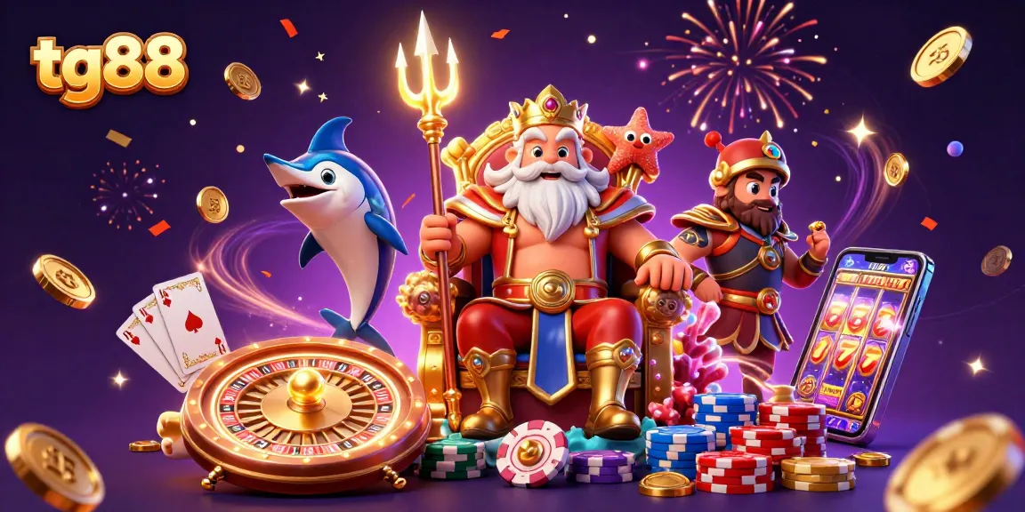 Engage in thrilling gaming action at tg88, featuring a vibrant scene with Neptune and casino elements.