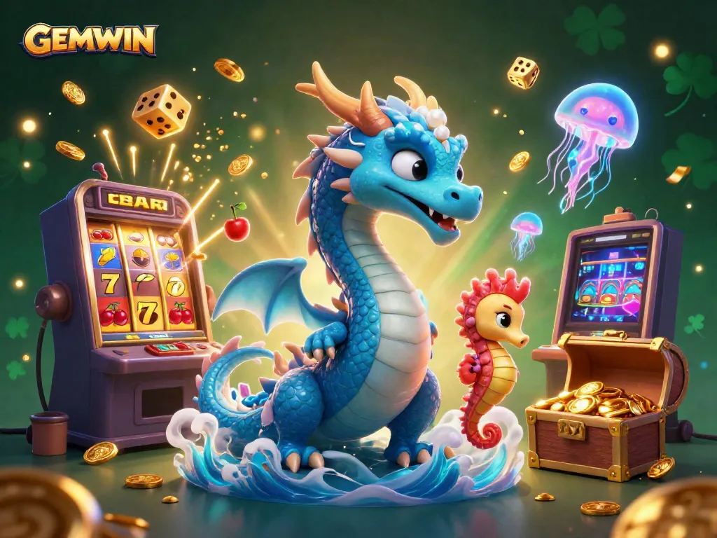 Experience GEMWIN's vibrant casino world with stunning dragons, seahorse knights, and jackpot excitement.