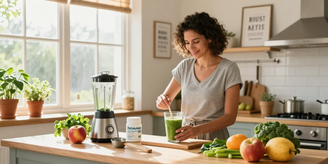 Health-conscious individual creating a shake with Retatutide in a sunny kitchen.