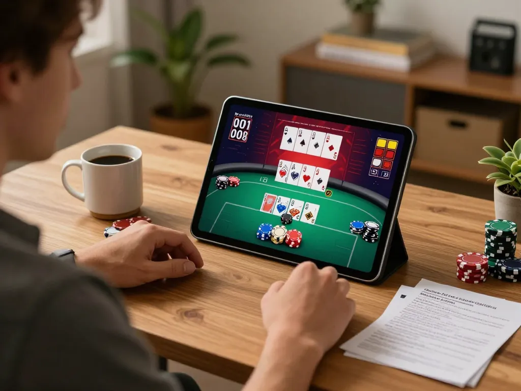 Player enjoying max88 online casino with vibrant poker game on tablet, cozy home atmosphere.