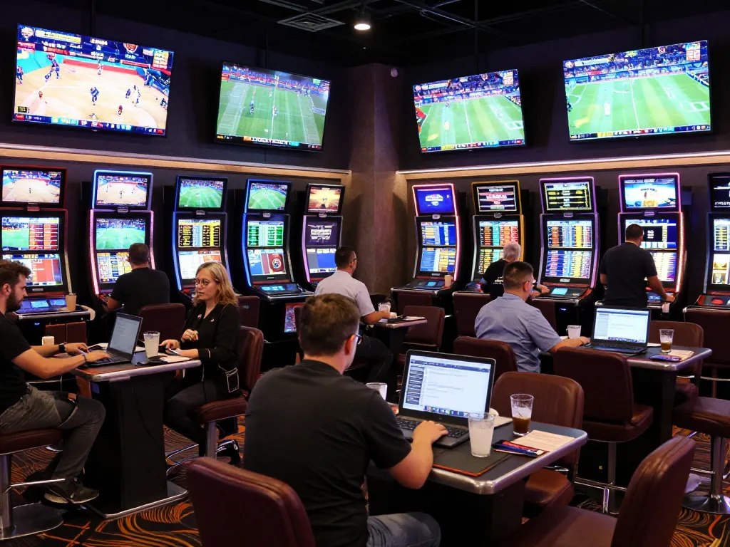 Engaged bettors analyzing odds while placing bets at 79sodoe sports betting area